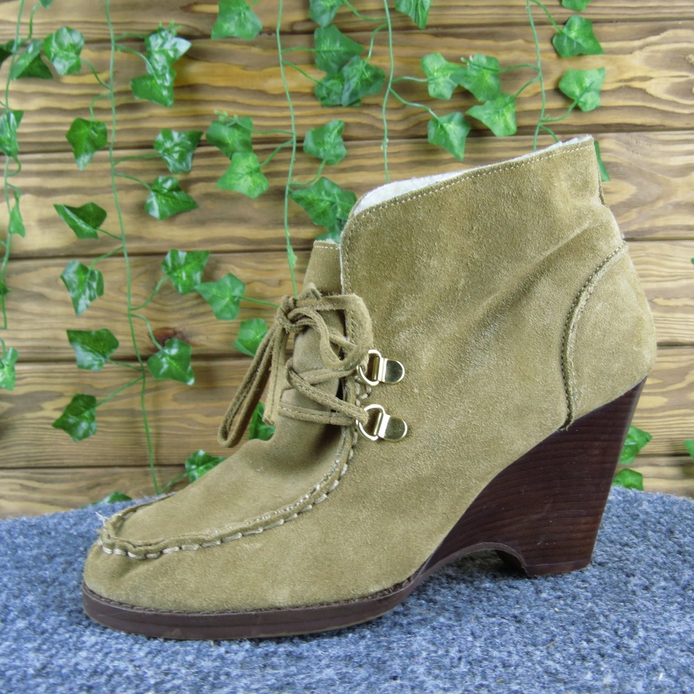 Michael Kors Women 6 Tan Suede Wedge Booties Shearling Lined Lace-Up Ankle Boots